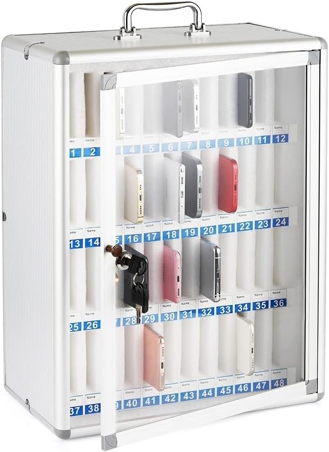 Cell Phone Locker Box for Classroom with Door Locks and Keys Clear Acrylic Jail Storage Cabinet，Aluminum Alloy Mobile Phone Locker Box for Classroom - 48 Student Cell Phone Storage Cabinet,