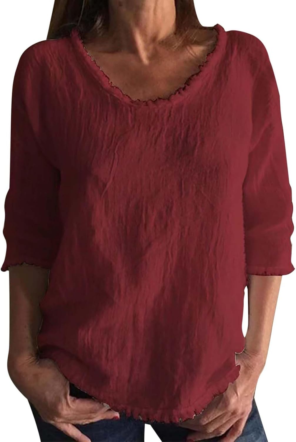 Womens 3/4 Length Sleeve Tops Crewneck Loose Fit Solid Color T-Shirt Casual Fall Spring Tunic Basic Trendy Clothes