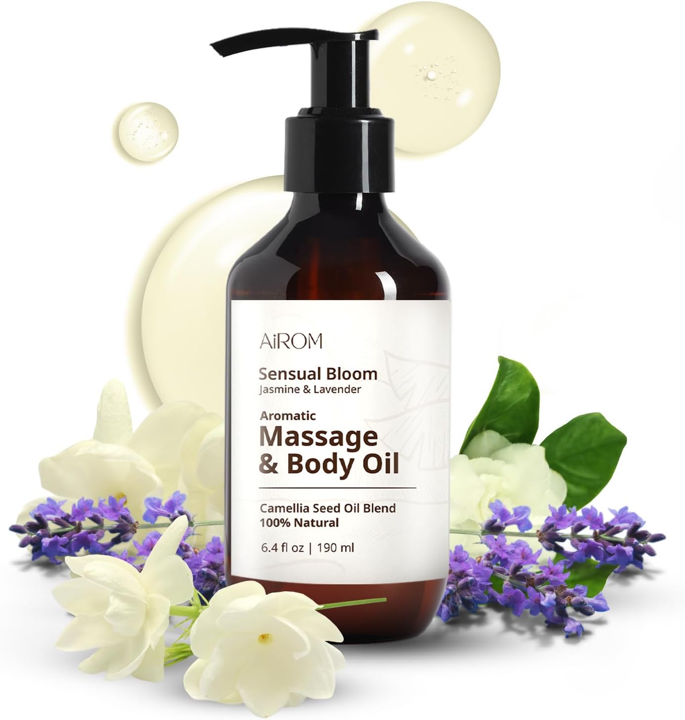 AiROM Jasmine & Lavender Massage Oil for Massage Therapy - Sensual Bloom - Scented Body Oil for Women – Hypoallergenic, Relaxing Aromatherapy, Non-Greasy, Spa Quality - Gift for Her - 6.4 fl oz