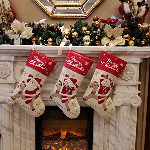 Wewill Lovely Christmas Stockings Set Of 3 Santa, Snowman, Reindeer, Xmas Character 3D Plush Linen Hanging Tag Knit Border Xmas For Kids Family #TOP6