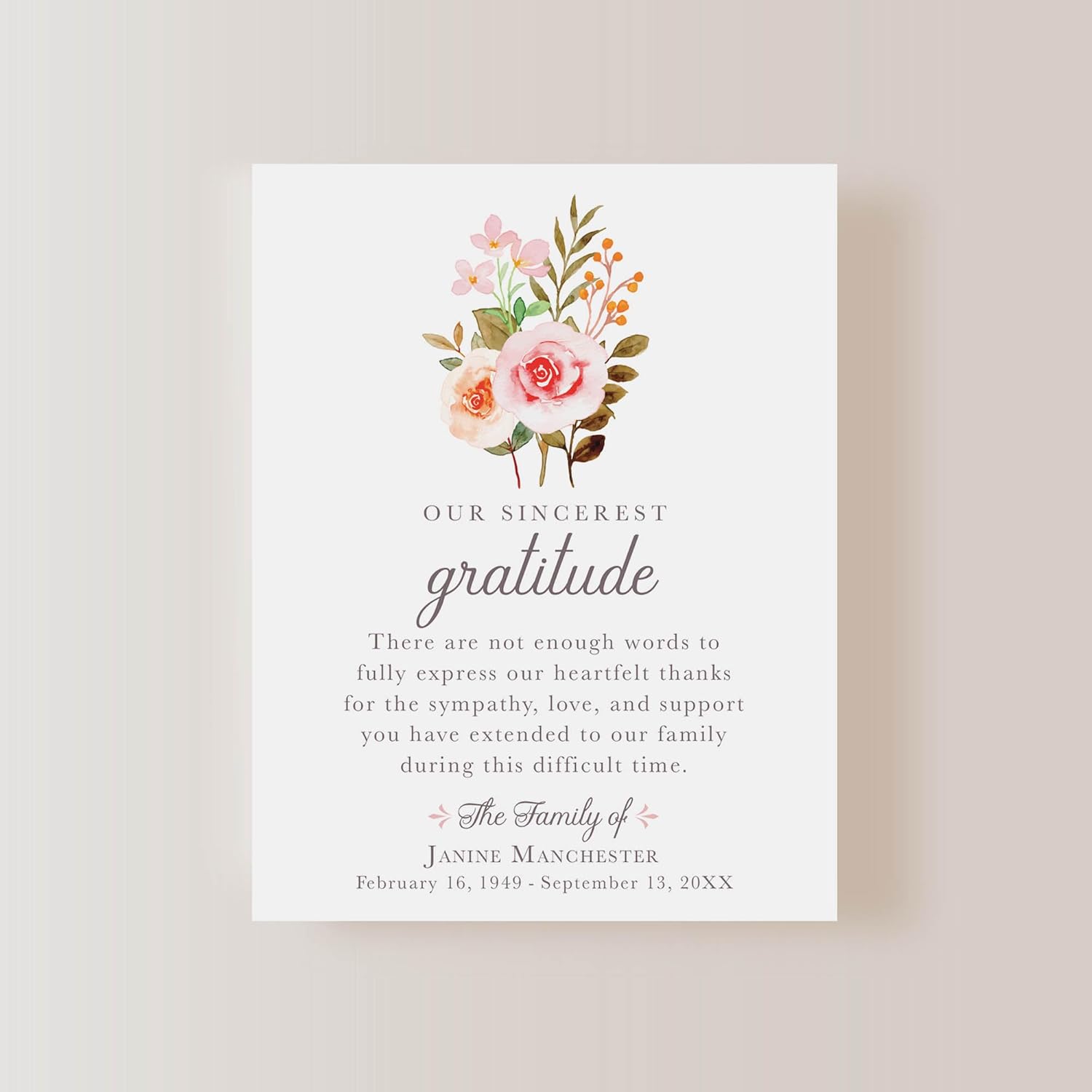 Rose Wildflower Bouquet Funeral Thank You Cards, Sympathy Acknowledgement Cards, 4.25x5.5 Flat Bereavement Notes with Envelopes