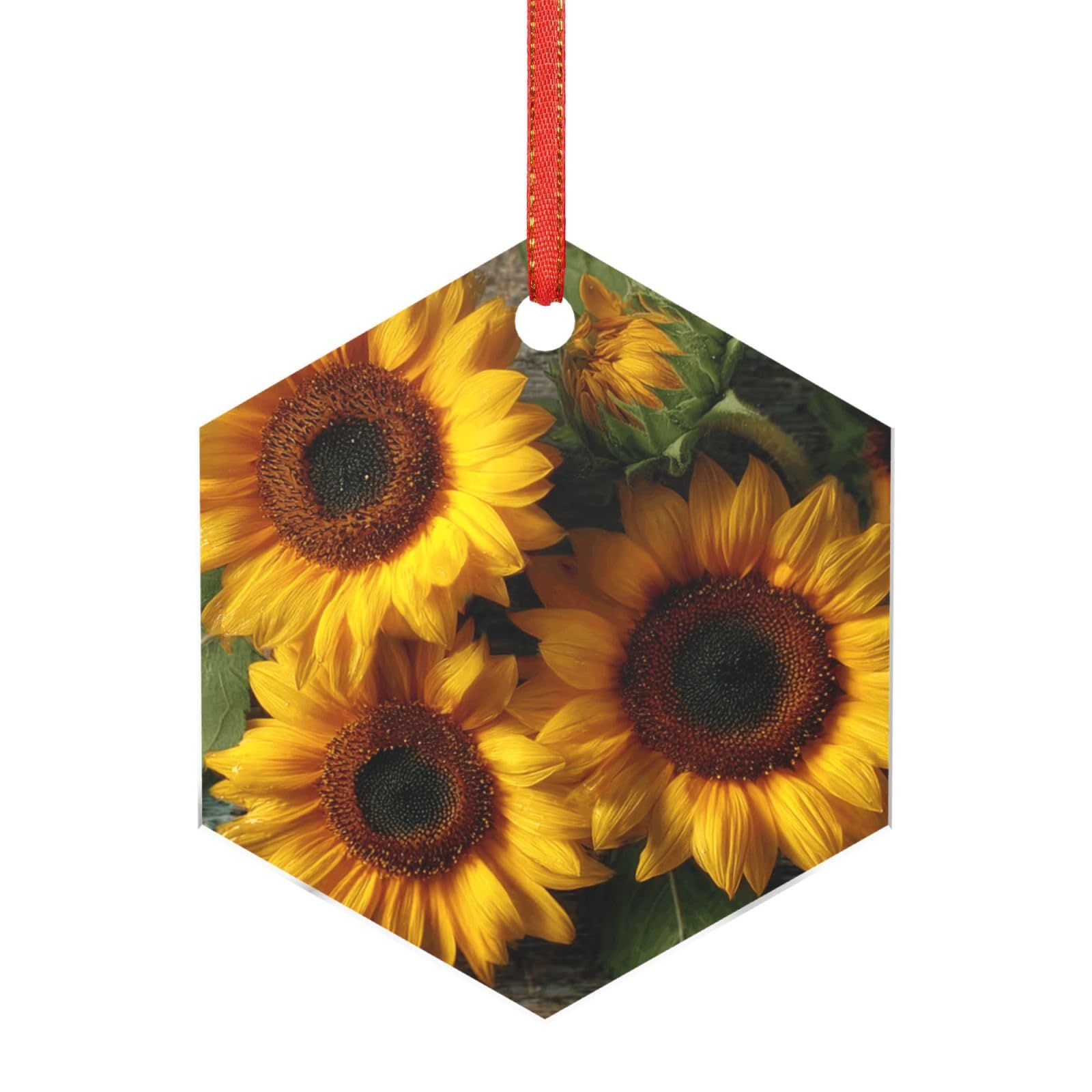 Hjkjkkj Hexagon Acrylic Ornament Christmas Tree Decoration Clear Round Pendant With Red Ribbon Sunflower Print Christmas Ornaments Indoor Outdoor Hanging Acrylic Pendants For Xmas Party Decor