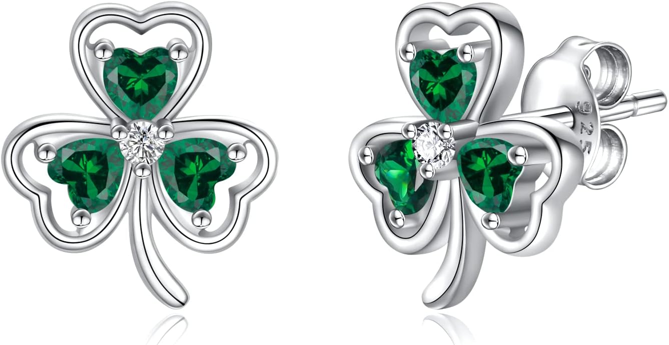 925 Sterling Silver Clover Stud Earrings Shamrock Irish Ear Studs St Patricks Day Jewelry Gifts for Women