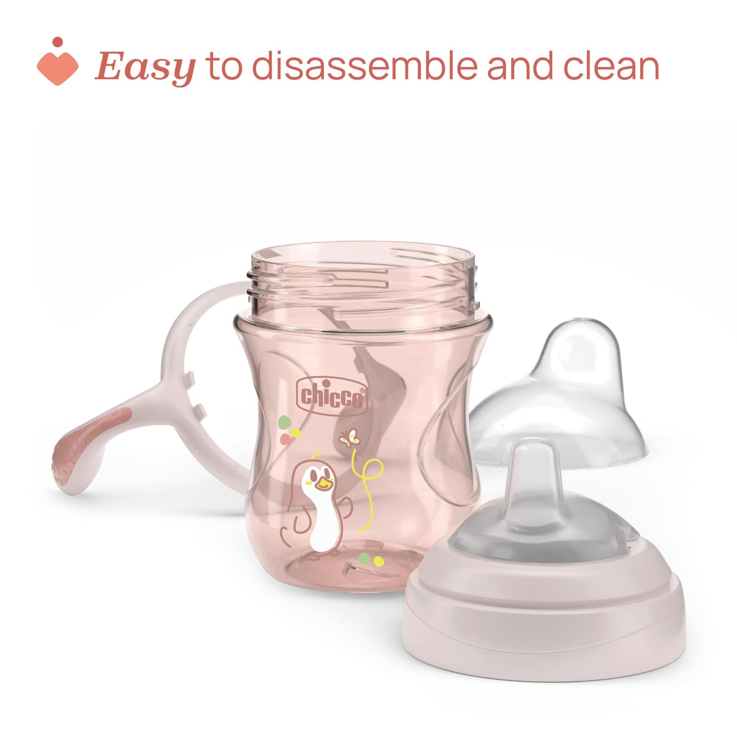 Chicco Transition Cup Coupe anti-goutte pour bébé 200ml, 1 tasse à biberon 4 mois et plus pour apprendre à boire, avec bec ergonomique en silicone, double valve anti-antiolique, sans BPA - Rose