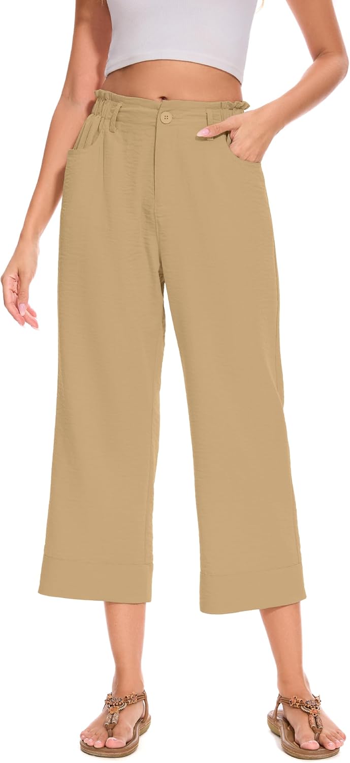 FUNYYZO Women Summer Capri Pants Trousers Pants Drawstring Waist Wide Leg Casual Loose Fit Dressy Pants - Image 4