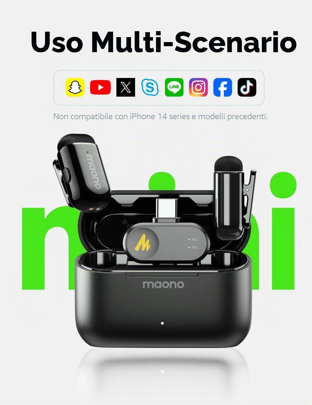 MAONO Wave T1 Mini Microfono Lavalier Wireless per iPhone 17 16 15, Android, Tablet, PC con USB-C, Cancellazione Rumore, Filtro AI, 30 Ore con Custodia di Ricarica per Video, TikTok, YouTube