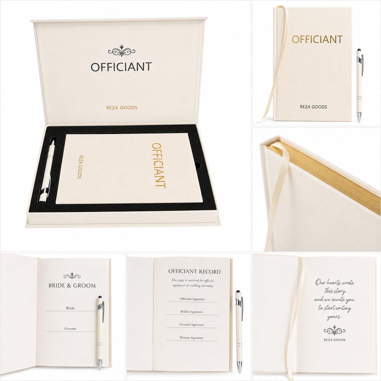 Wedding Officiant Book with Pen – A5 Wedding Ceremony Journal, Bride & Groom Signature Keepsake, 150 Lined Pages (75 Sheets), 140gsm Thick Paper, Linen Cover & Gift Box, Gold Foil Stamped