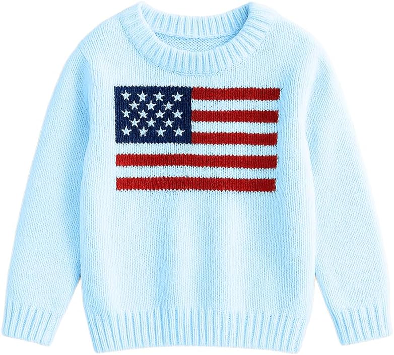 GodLover Women's American Flag Pattern Long Sleeve Lightweight Round Neck Sweater Casual Loose Pullover Sweater