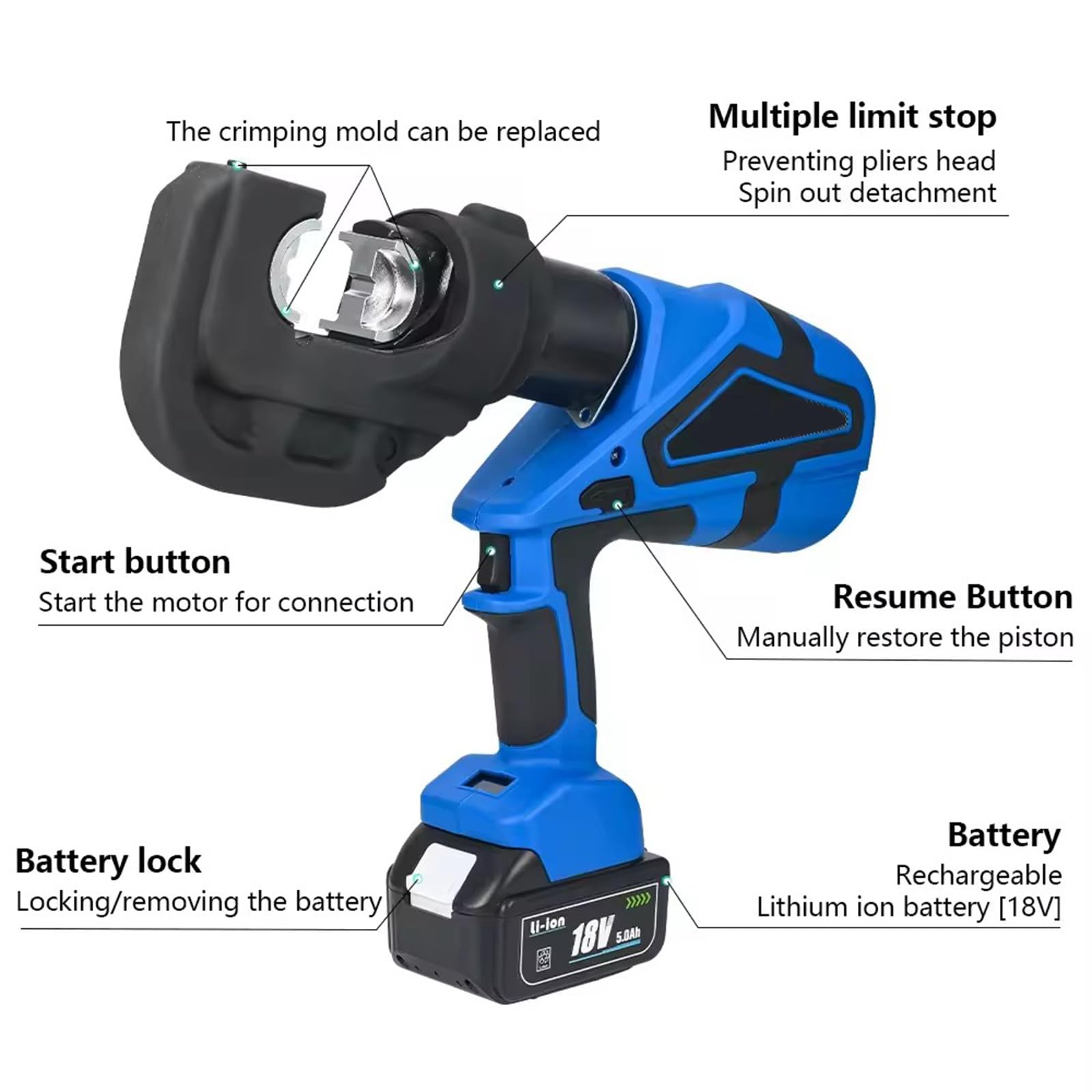 Pinza crimpatrice elettrica idraulica per cavi, alimentazione a batteria al litio, con 12 matrici per terminali in rame e alluminio, pinza crimpatrice per 10-400 mm²
