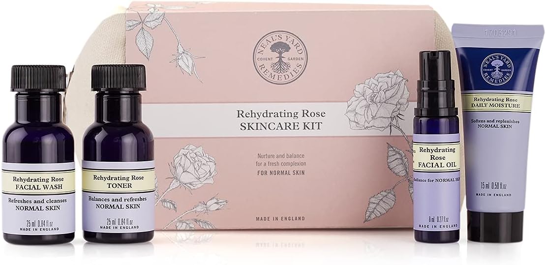 Neal's Yard Remedies Rehydrating Rose Skincare Kit, Restores Radiance, Includes Face Wash, Toner, Facial Oil & Moisturiser, Vegan & Cruelty-Free, Pack of 4