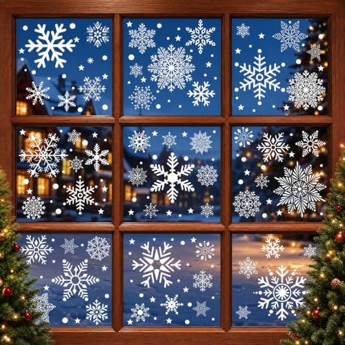 Famoby 10 Sheets 500Pcs White Snowflake Window Clings, Removable Static Snow Flake Stickers for Xmas Window Glass Door Home Holiday Decorations