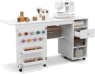 COSTWAY 2 in 1 Nähschrank Schreibtisch klappbar, Nähmaschinentisch mit Ablageflächen, Schubladen, Ablagen & Klammern, Nähmaschinenschrank mit 6 feststellbaren Rollen, Weiß