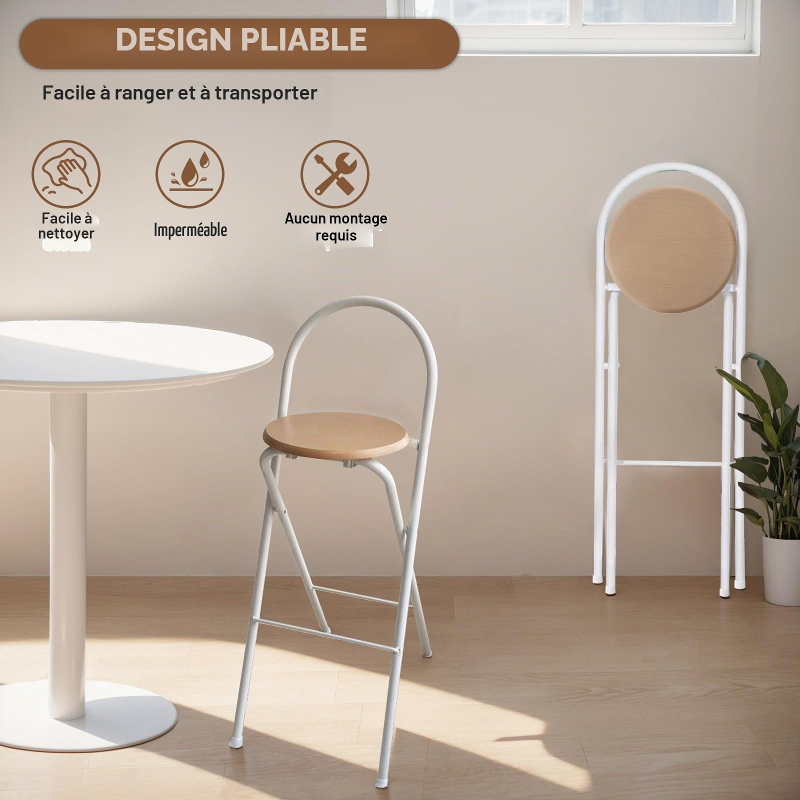 1pcs Tabouret De Bar Pliant Rond avec Dossier 60/65/70/75cm Chaises Hautes Portable Chaise De Bar Adulte Stable Et Résistante Pas D'assemblage Nécessaire Pour Intérieur Et Extérieur(Natural,65cm)