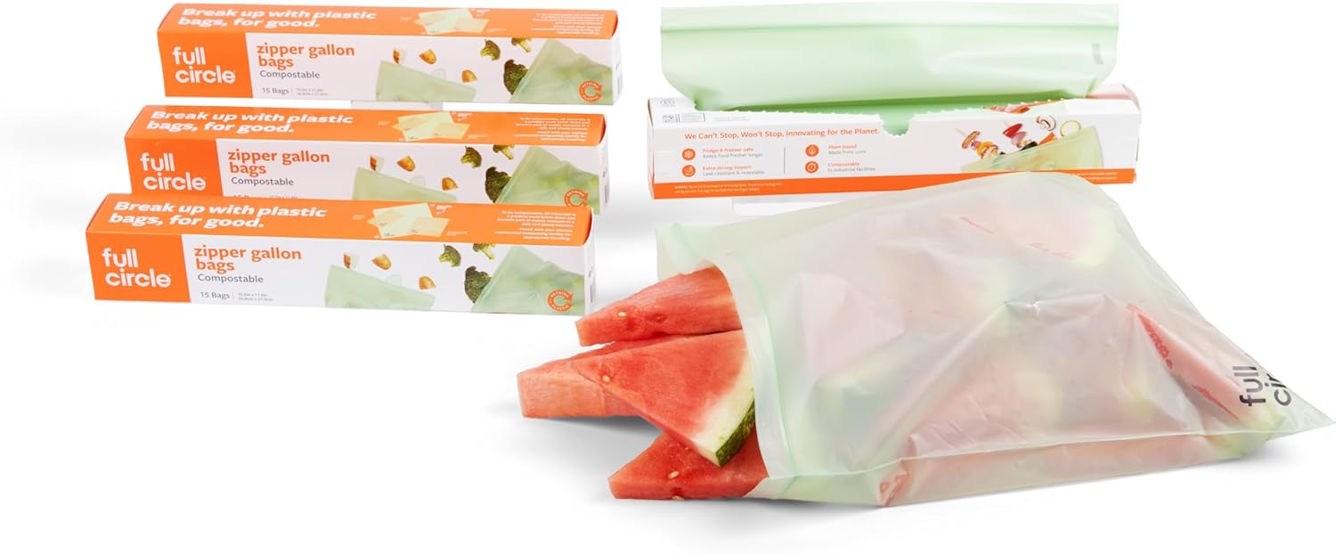 Full Circle Compostable Zipper Bags – 1 Gallon Size, 60ct, 4 Boxes of 15 – Plant-Based & Plastic-Free, No Microplastics, Leak-Resistant, Resealable Food-Safe Bags