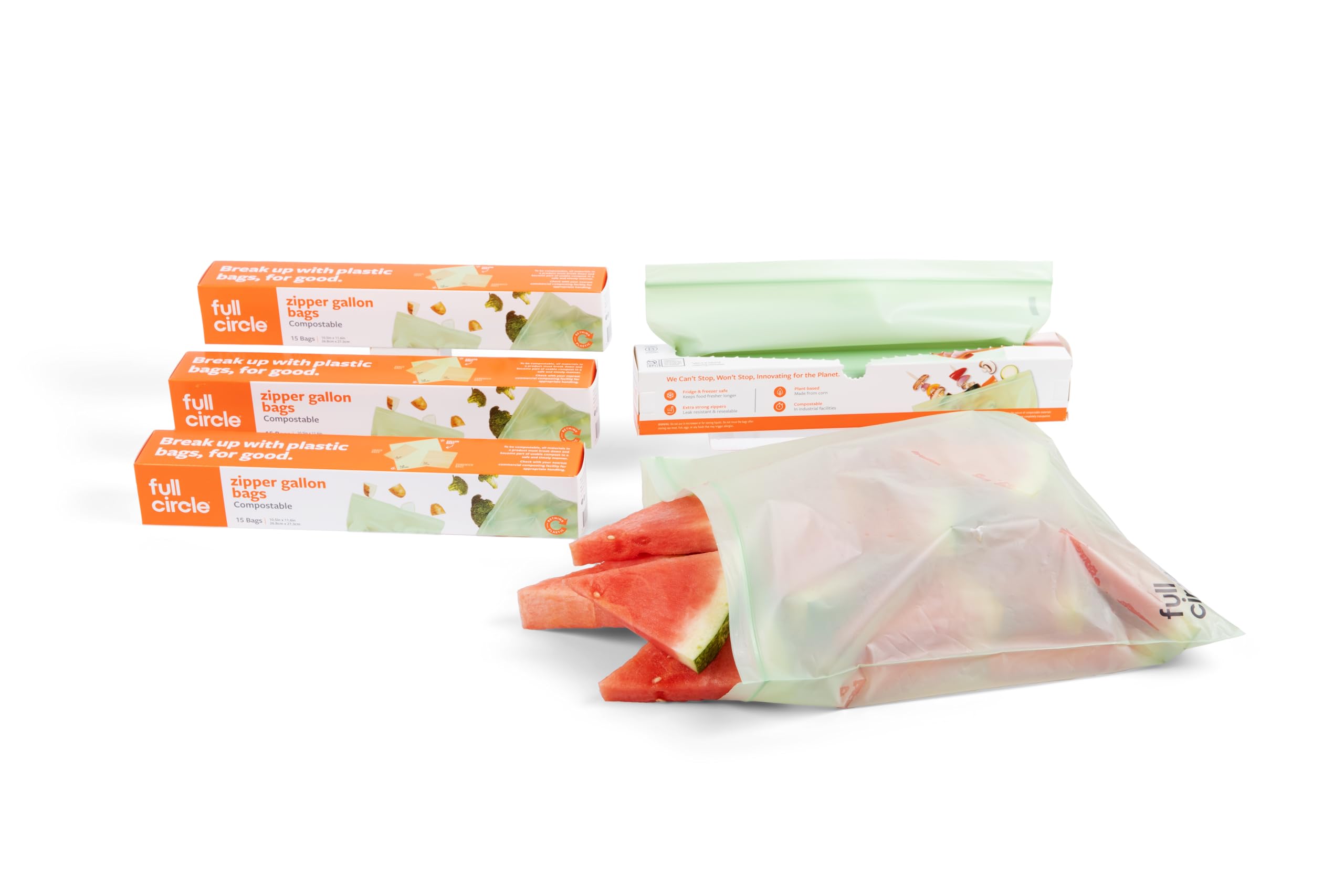 Full Circle Compostable Zipper Bags – 1 Gallon Size, 60ct, 4 Boxes of 15 – Plant-Based & Plastic-Free, No Microplastics, Leak-Resistant, Resealable