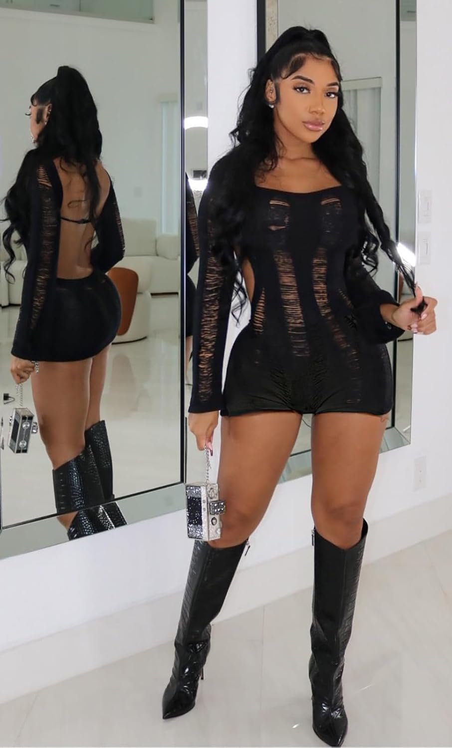 Women Sexy Off Shoulder Crochet Knitted Hollow Out Long Sleeve Romper Backless Bodycon Party Club Night Rompers - Image 5