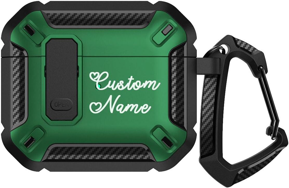 Customized Name Case for AirPods Pro 3 (2025), for AirPods 4 (2024), for AirPods Pro 2/Pro/3,Custom Personalized Name Initials Cover with Lock & Carabiner Keychain Shockproof Armor Shell Green