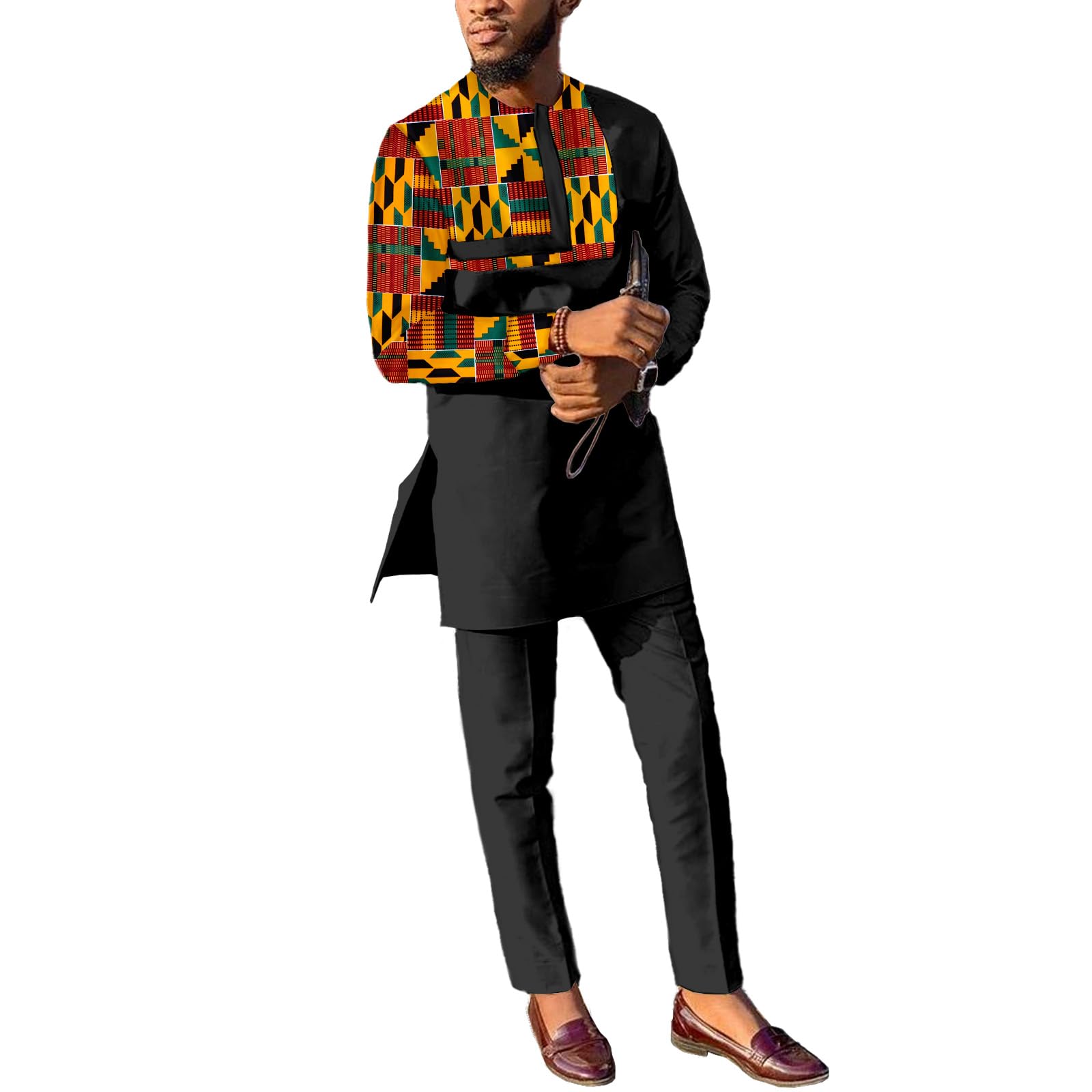 African Suits for Men Slim Fit Patchwork 2 Piece Set