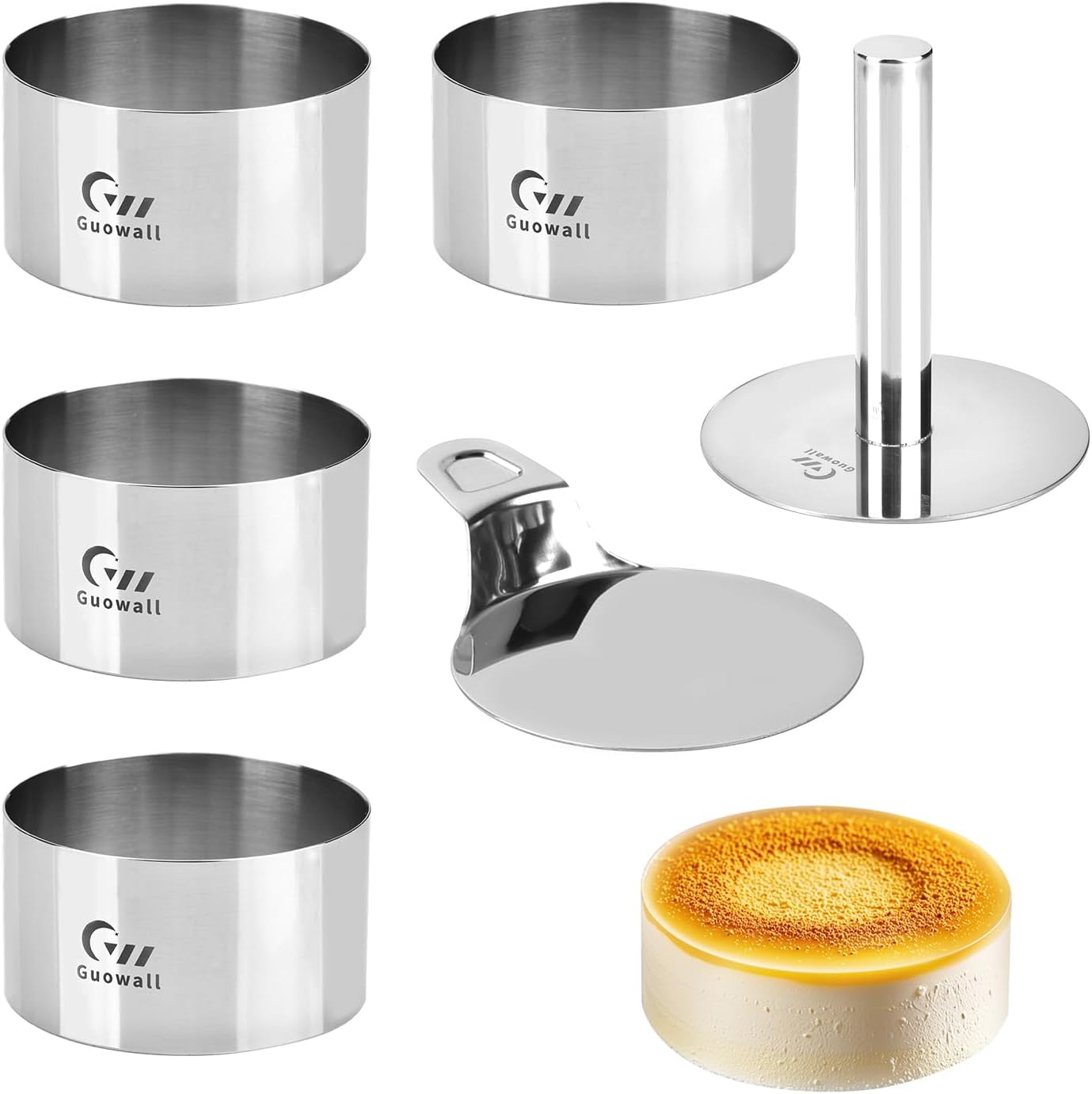 4 pack Seamless Mousse Cake Ring set Stainless Steel 4 inch Round Food Mold Dessert Cutter for Baking (Includes 1 Lifter, 1 Pusher and 4 Rings)