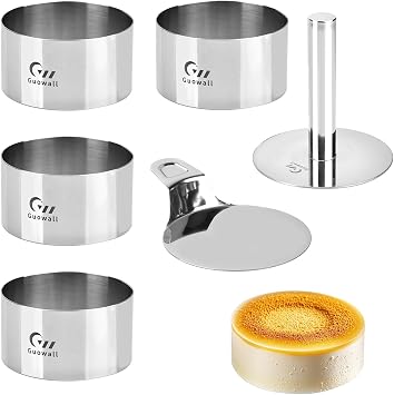4 pack Seamless Mousse Cake Ring set Stainless Steel 4 inch Round Food Hamburger Mold Dessert Cutter for Baking Includes 1 Lifter, 1 Pusher and 4 Rings