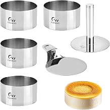 4 pack Seamless Mousse Cake Ring set Stainless Steel 4 inch Round Food Hamburger Mold Dessert Cutter for Baking Includes 1 Lifter, 1 Pusher and 4 Rings