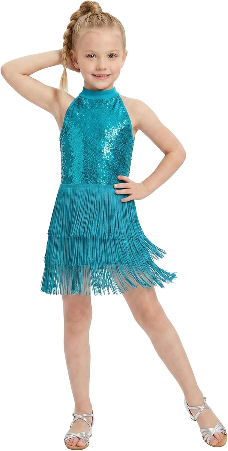 Wenlia Girls Latin Dress Sequin Fringe Dance Dress with Shorts, High Neck Zipper Ballroom Dancewear Salsa Costume 4-14Y