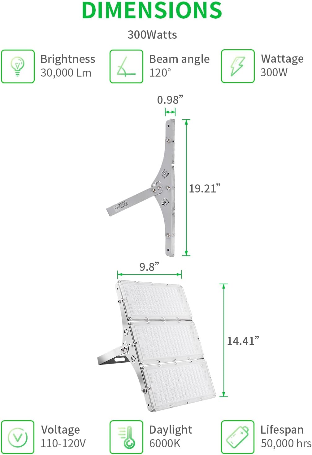Viugreum 300W LED Flood Light, 24000LM Super Bright Outdoor Work Stadium Lights, 6000K Daylight White, 1500W Halogen Equivalent, IP66 Waterproof Security Floodlight for Garage, Garden, Lawn, Yard
