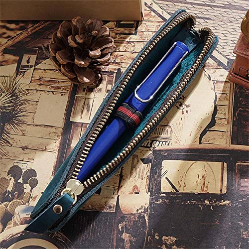 Image of Retro Crazy Horse Genuine Leather Stationery Pencil Case Storage Bag Casual Stationery Box (Blue)