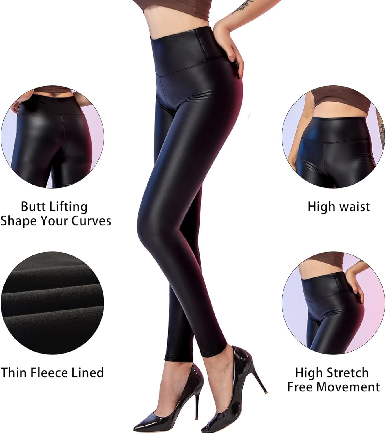 Faux Leather Leggings for Women High Waisted Leather Pants Tummy Control Stretch Pleather PU Butt Lifting Pants Slim - Image 4