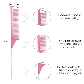 Rat Tail Comb Hair Clips Set: 3Pcs Rat Tail Combs, Hair Styling Combs for Women and 7 Professional Sectioning Hair Clips (Pink)