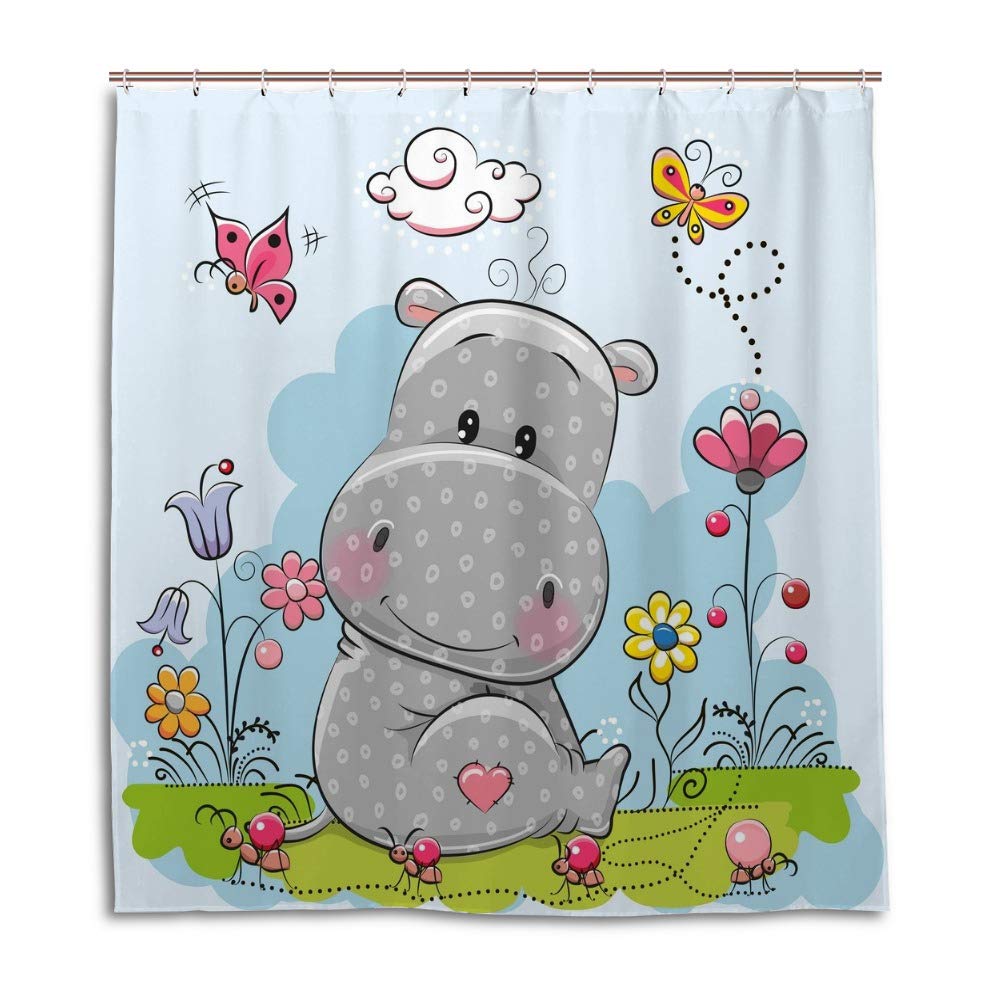 Rideau de douche lavable motif rigolo hippopotame pour salle de bain familiale