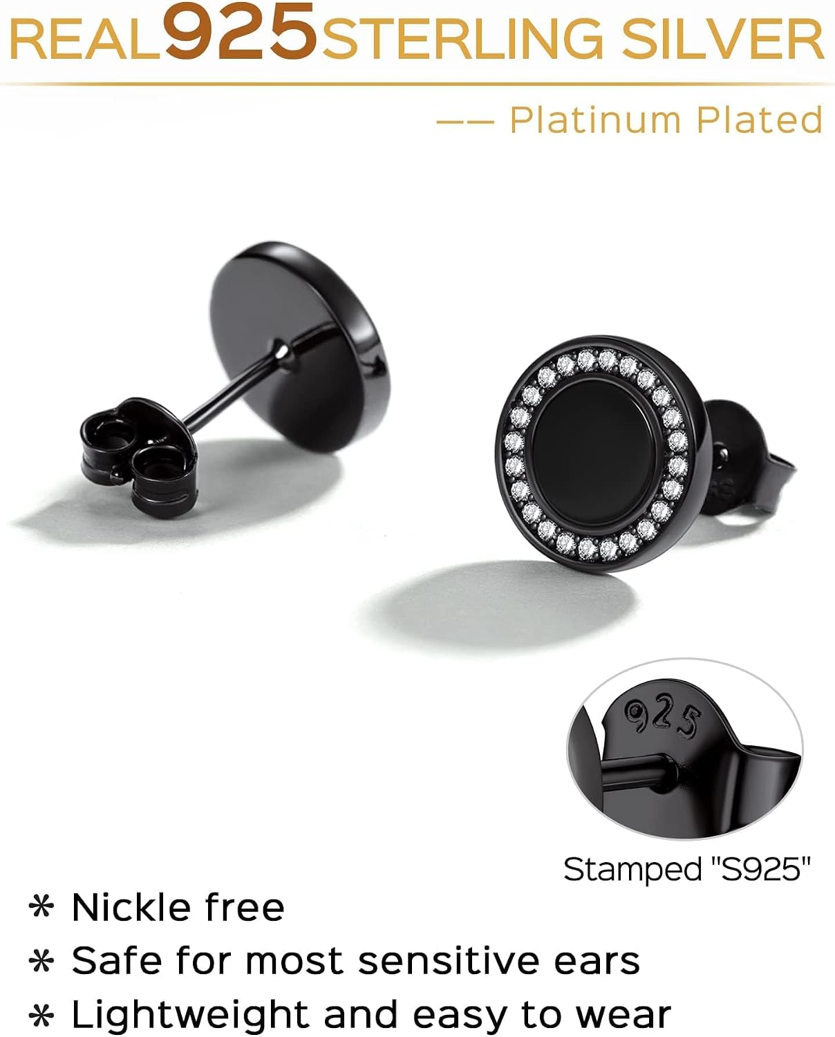 ChicSilver 925 Sterling Silver Viking Rune Natural Black Onyx Stud Earrings For Women Men
