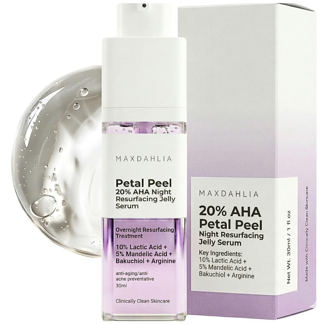 MAXDAHLIA Petal Peel 20% AHA At-Home Peel Serum – Lactic + Mandelic Acid Night Exfoliating Treatment with Bakuchiol for Dark Spots, Fine Lines, Uneven Skin Tone & Acne Marks