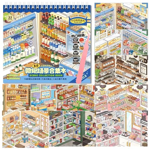 10 Sets Shelves 3D Sticker Scene Book for Adults DIY 3D Miniature Scene Sticker Therapy Set Funny 3D Shelf Organization Stickers Collection Book(style11)