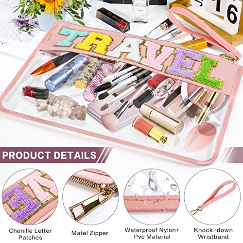 Dilibra Chenille Letter Clear Travel Bag, Large Preppy Toiletry Bags Purse With Wrist Strap, Waterproof Nylon Makeup Tote Bag Cosmetic Wristlet Bag For Teen Women Girls #TOP3