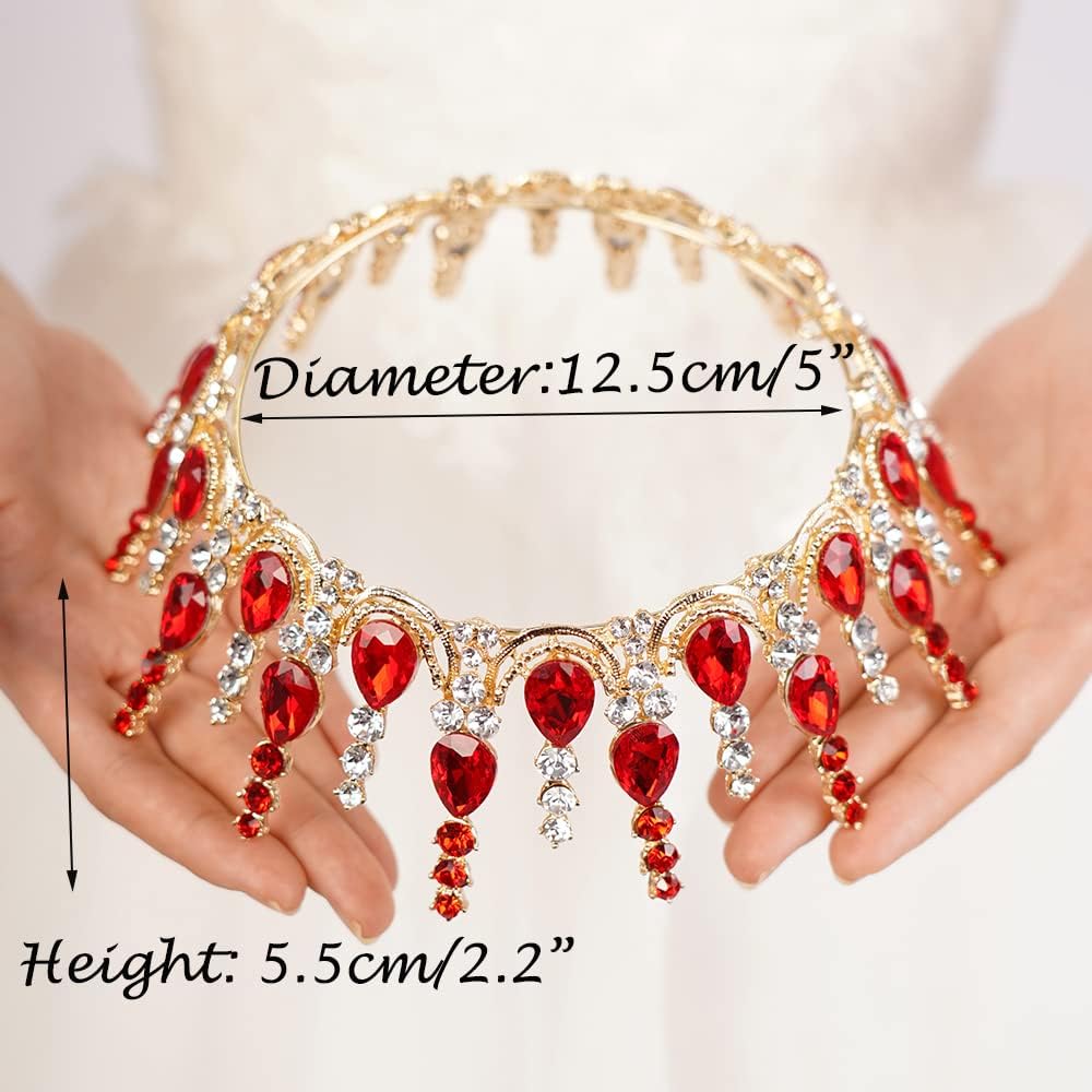 Wekicici Red Round Crystal Tiaras Queen Crowns for Women Princess Tiara with Rhinestone Wedding Crown for Prom Bridal Festival Party Christmas (Red)