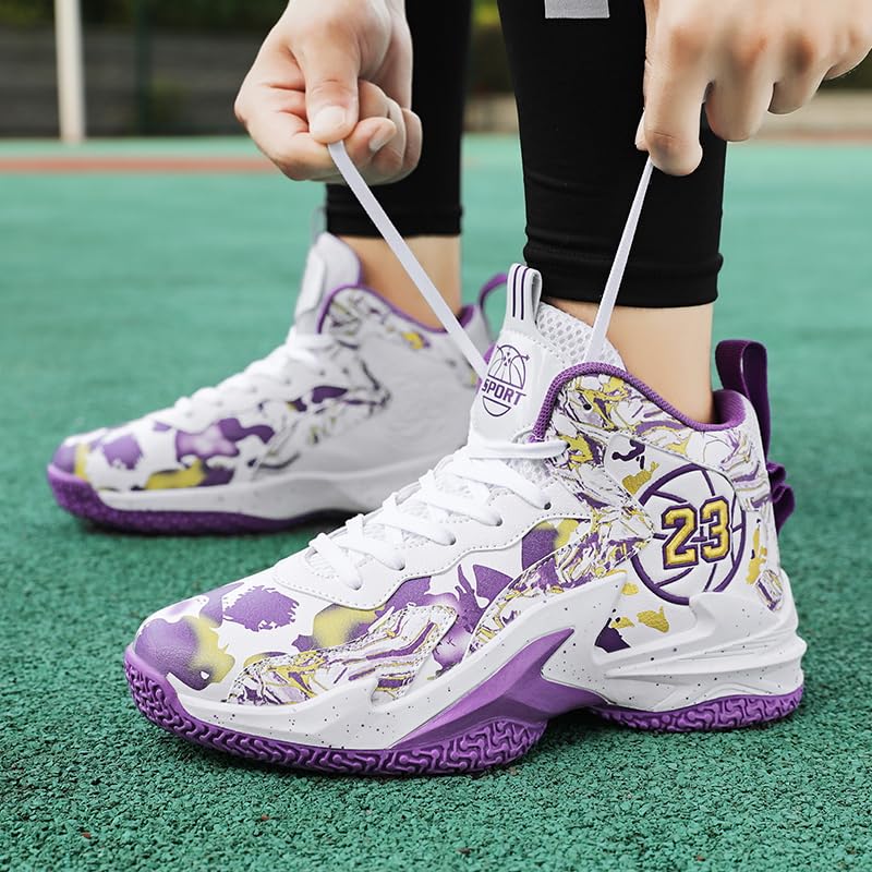 Kids Basketball Shoes, Leather Trendy Casual Sports Basketball Shoes Breathable Comfortable Boys Sneakers for Big Kids…4