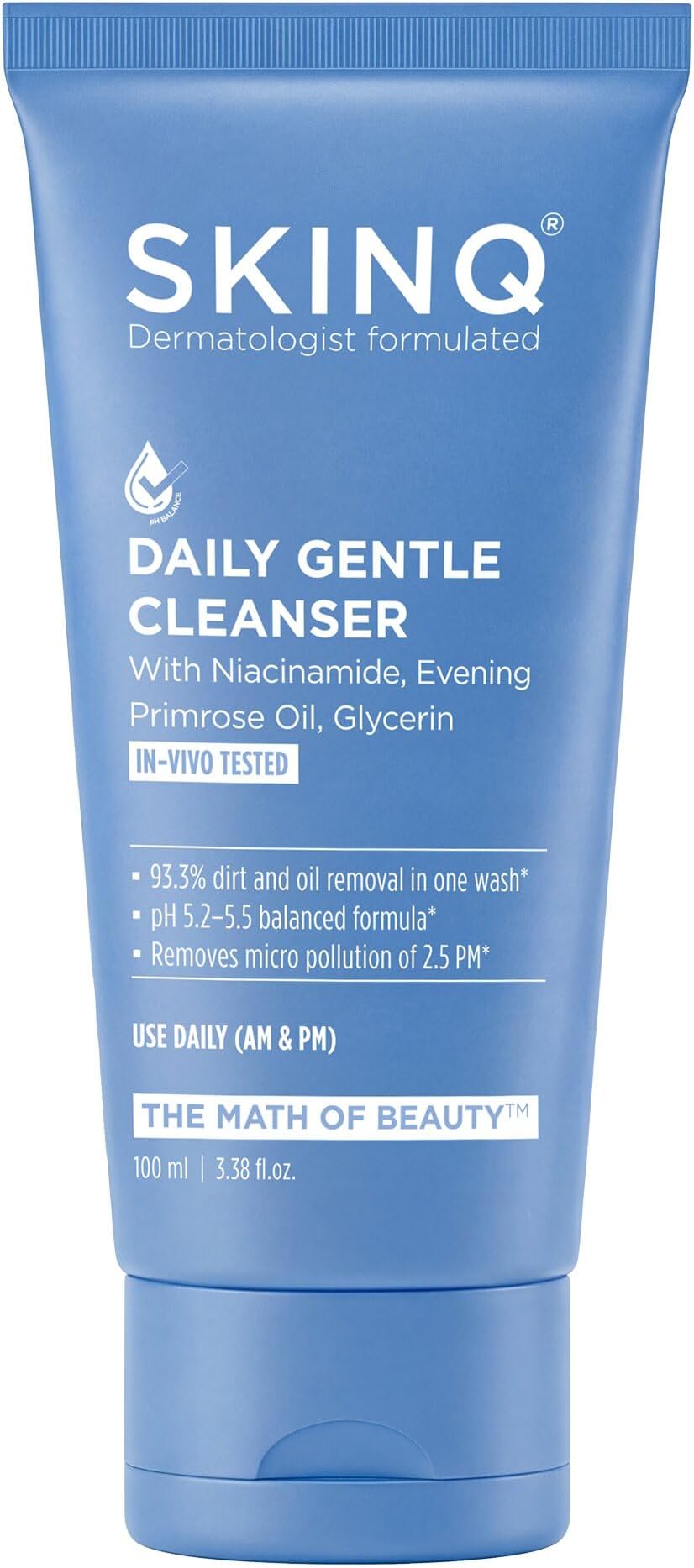 SKINQ Niacinamide Face Wash | Gentle Daily Cleanser with Evening Primrose Oil & Glycerin | pH Balanced 5.2-5.5 | Dirt & Oil Removal in 1 Wash | No SLS, No Parabens | For Normal, Dry & Sensitive Skin | 100ml