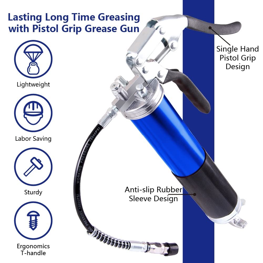 Boquilla engrasadora Boquilla Bomba de Engrase Duty 6000PSI Pistola engrasadora Empuñadura de Pistola 400cc 14oz Lubricación W/12quot; Manguera Flexible y 5-1/2" Extensión Metálica(Blue)