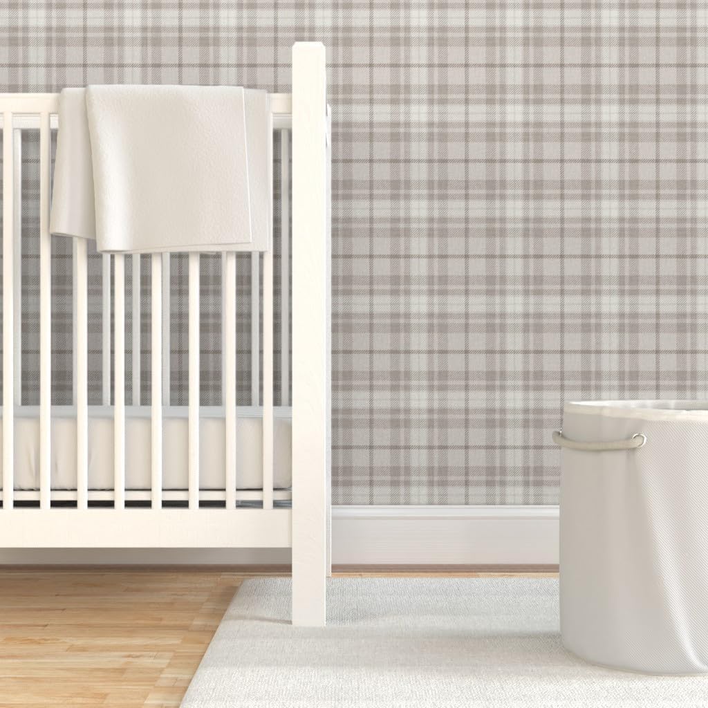 Peel & Stick Wallpaper Swatch - Taupe Neutral Plaid Classic Tartan Khaki Autumn Cozy Rustic Farmhouse Cottage Custom Removable Wallpaper by Spoonflower