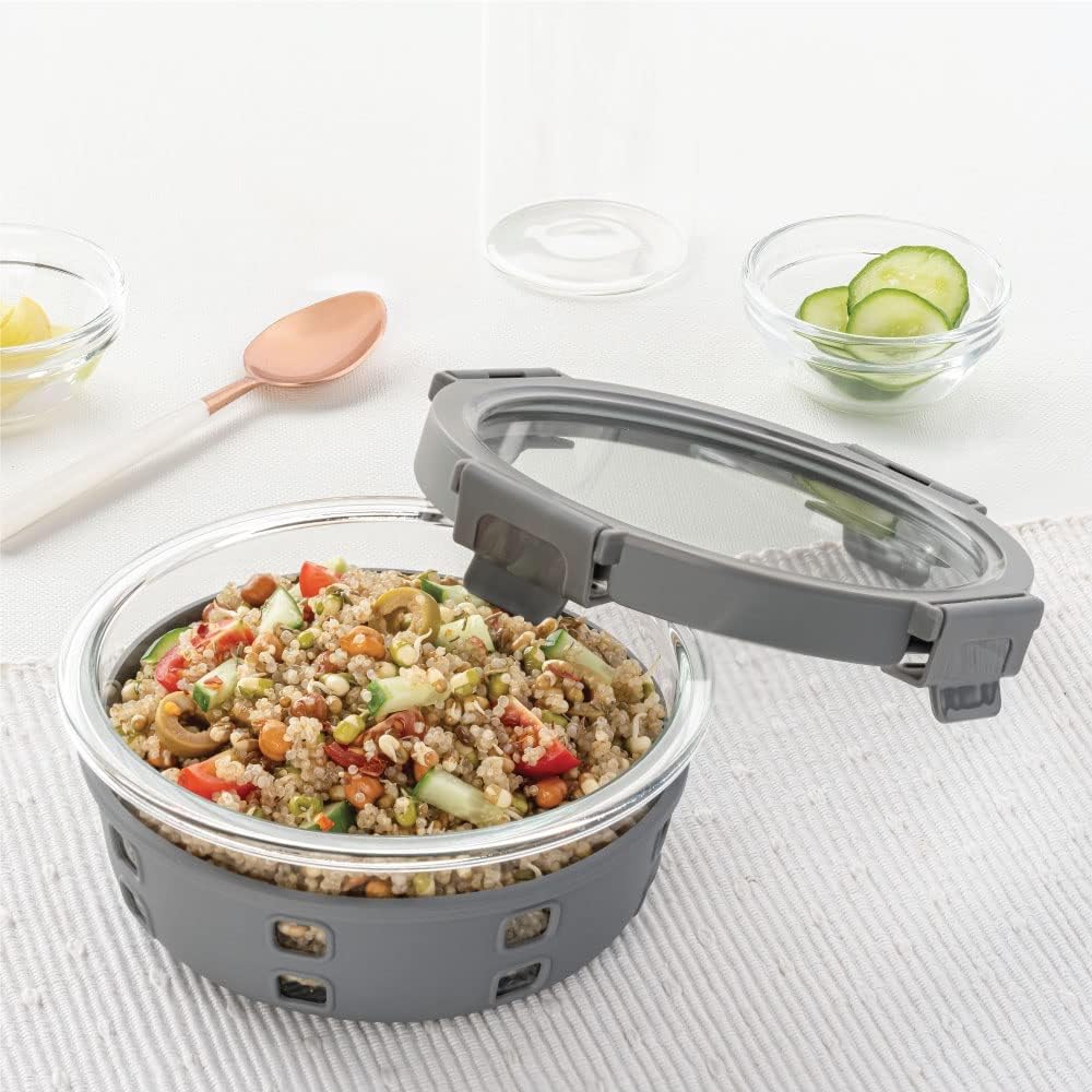 Borosil Klip N Store Plus 950 ml Round Glass Food Storage Container with Air Tight Glass Lid | Borosilicate Glass Container for Lunchbox | Microwave & Dishwasher Safe | Transparent