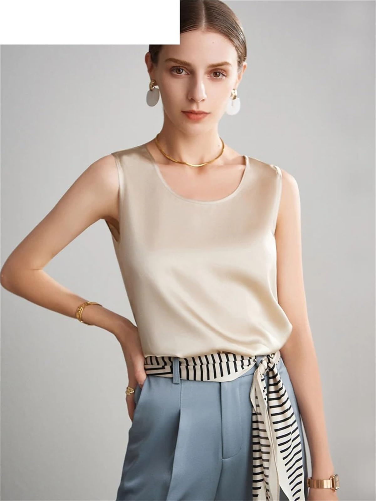 Tops Mujer Camisola Satén Camiseta básica y acogedora for Mujer, de Seda auténtica, sin Mangas con Cuello Redondo, Verano, Lisa(Nude Pink,XXL)
