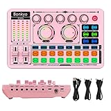 F999 Pink Live Streaming Sound Card, Professional Audio Mixer, Voice Changer Soundboard with Audio Interface, Bluetooth, Noise Reduction, DJ Mixer Board for Live/Podcasting/Gaming