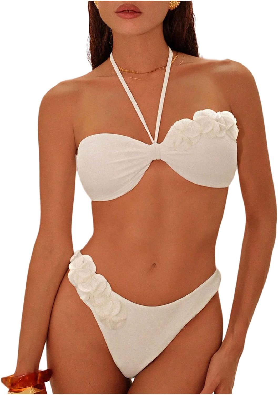 SHENHE Women's Halter Bandeau Bikini Set 3D Flower Swimsuits High Cut Bathing Suits 2 Piece