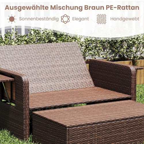 COSTWAY Sofa do salonu z rattanu, meble do salonu na świeżym powietrzu, sofa ogrodowa z funkcją leżania, 2-osobowa salonowa sofa z poduszkami i bocznymi stolikami, meble ogrodowe z polirattanu, meble