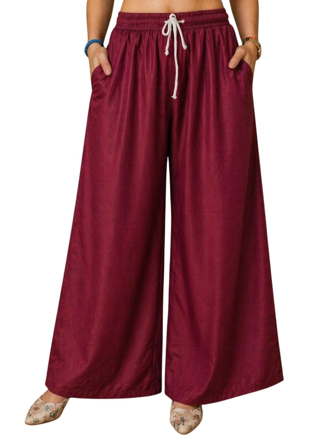 Women's Wide Leg Palazzo Pants | Rayon Cotton |Elastic Drawstring Waist | with Pockets |-picture-27