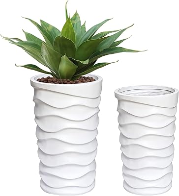 LuxenHome Planters for Outdoor Plants, Set of 2 Garden Plant Pots Indoor Outdoor, MgO Planting Flower Pots for Indoor Plants, Large Flower Plant Pot Outdoor Planters, White Balcony Garden Tall Planter