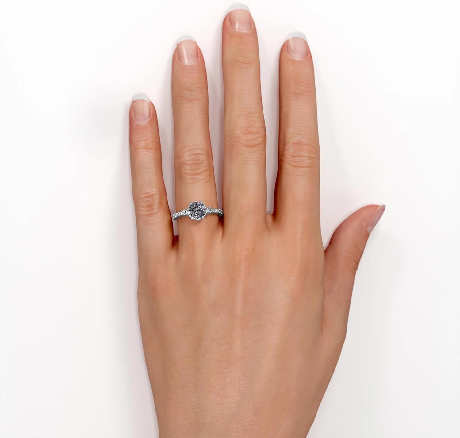 1CT Black Rutilated Quartz Engagement Ring 925 Sterling Silver 10K/14K/18K Gold Rutilated Quartz Wedding Ring for Women with Cubic Zircornia Jewelry Gifts for Valentine's Day Christmas