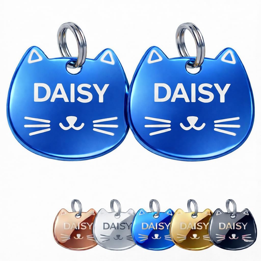2-Pack Personalised Cat Face ID Tags, Custom Engraved Stainless Steel Cat Name Tags with Phone Number, Front & Back Engraving, Cat-Shaped Tags for Cats and Kittens (Blue)