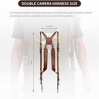 Gugxiom Double Camera Strap,Camera Shoulder Strap for Two Cameras,Adjustable Leather Double Camera Harness Brown